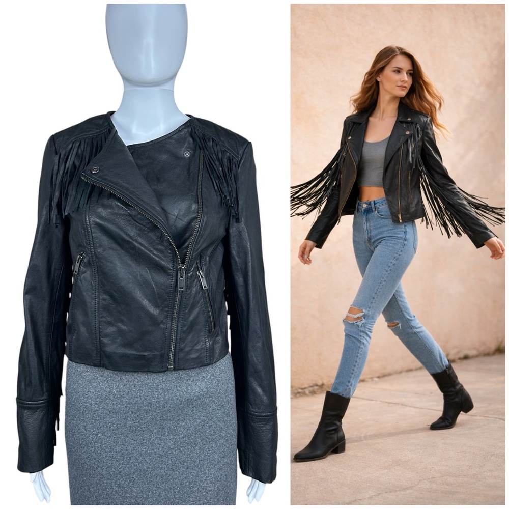 Banana Republic Fringe Moto Goat Leather Jacket Size S Black Cropped Western NWT